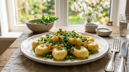5 minut i kluski śląskie z zielonym groszkiem na talerzu