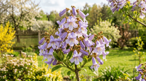 paulownia to szybko rosnące drzewo z efektownymi wiosennymi kwiatami, które odmienią wygląd twojego ogrodu, dodając mu wyjątkowego uroku i koloru.