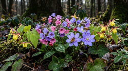 poznaj przylaszczkę, epimedium i miodunkę – cieniolubne byliny kwitnące zimą, które przyciągają pszczoły i dodają uroku ogrodowi nawet w chłodne miesiące.